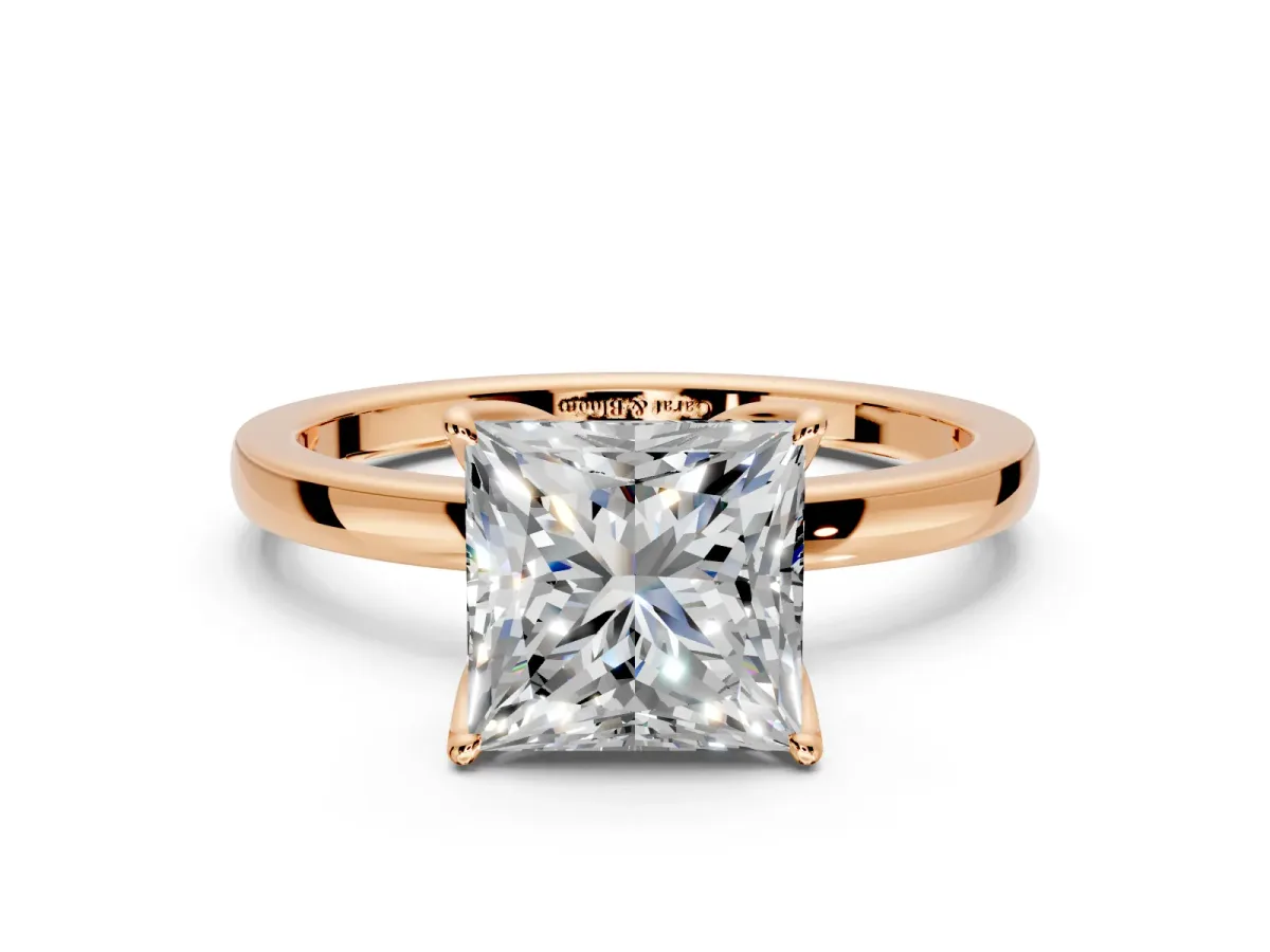 Solitaire Engagement Ring Setting for Princess Cut Center with Thin Rounded Plain Band and Prong Head in Rose Gold