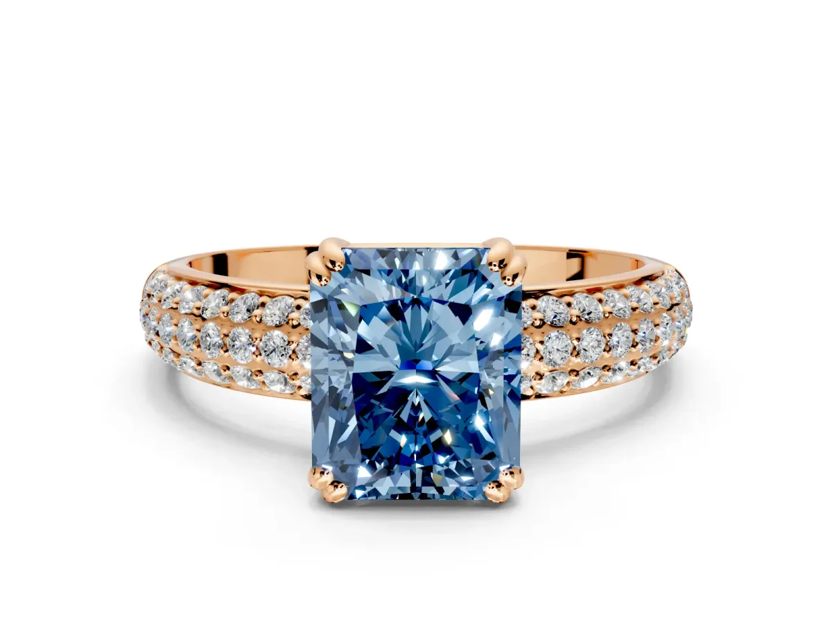 Solitaire Engagement Ring Setting for Fancy Blue Radiant Cut Center with Multi-Row Pave Accents and Basket Head in Rose Gold
