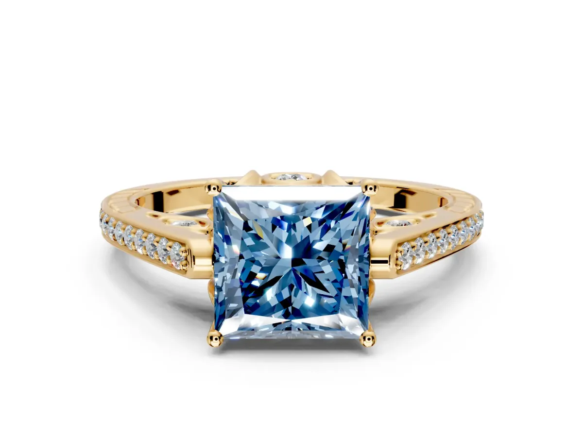 Cathedral Engagement Ring Setting for Fancy Blue Princess Cut Center with Antique-Style Pave Band and Prong Head in Yellow Gold
