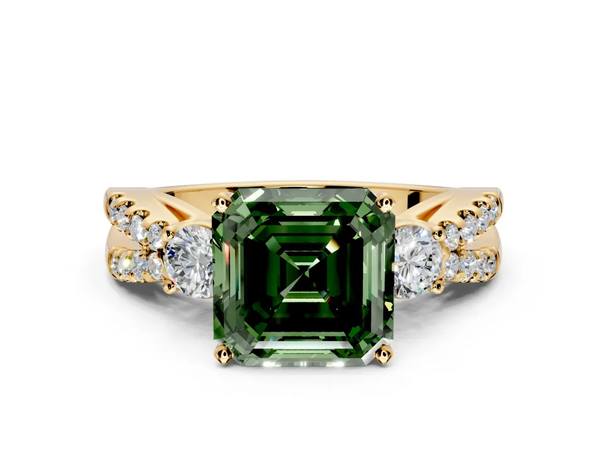 3 Stone Engagement Ring Setting for Fancy Green Asscher Cut Center with Pave Split Shank and Prong Head in Yellow Gold