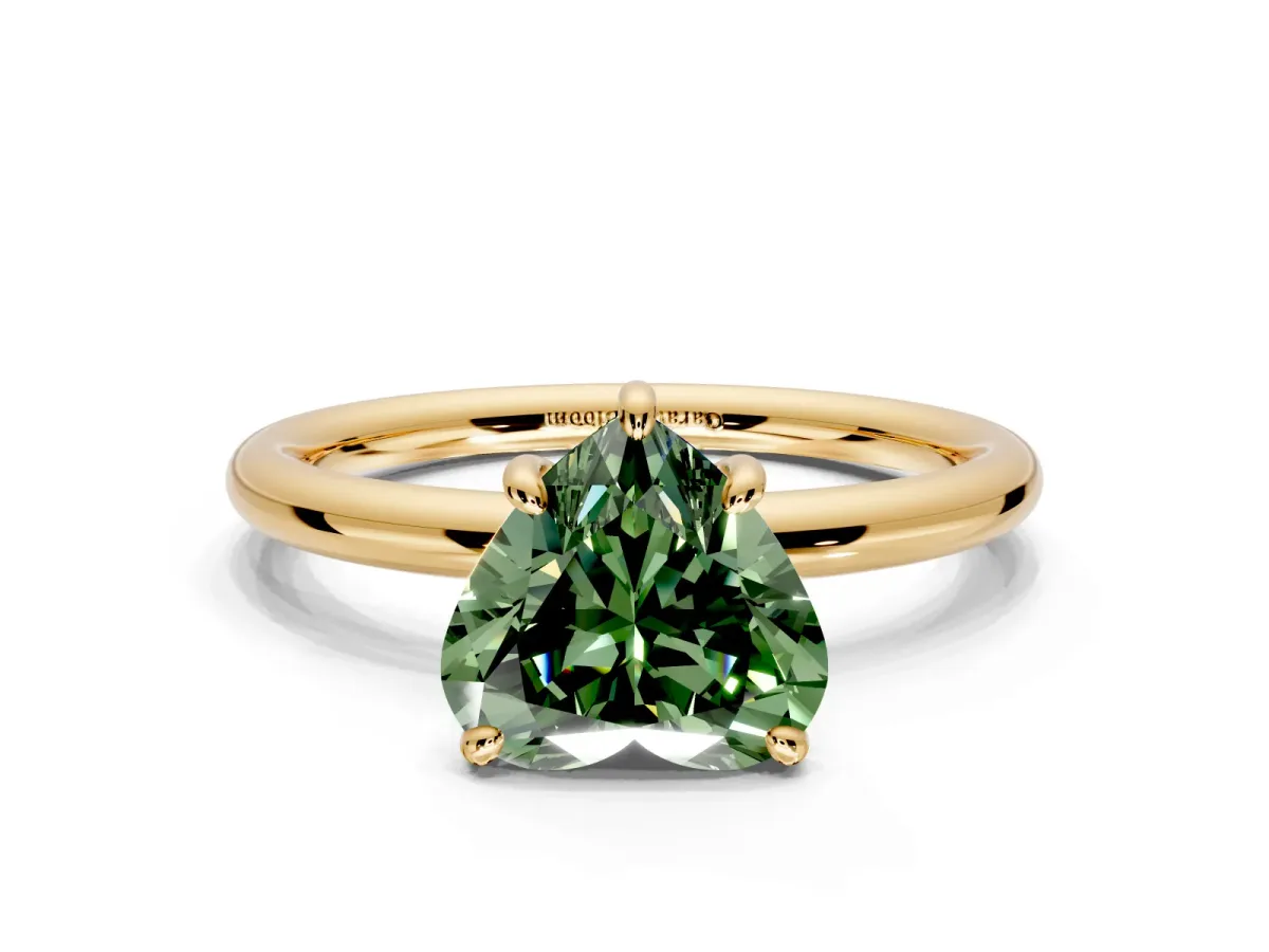 Low-Set Solitaire Engagement Ring Setting for Fancy Green Heart-Shaped Center with Thin Plain Band and Prong Head in Yellow Gold