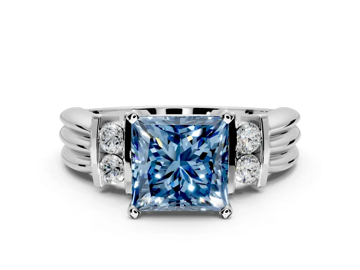 Solitaire Engagement Ring Setting for Fancy Blue Princess Cut Center with Grooved Bar Accent Band and Prong Head in Platinum