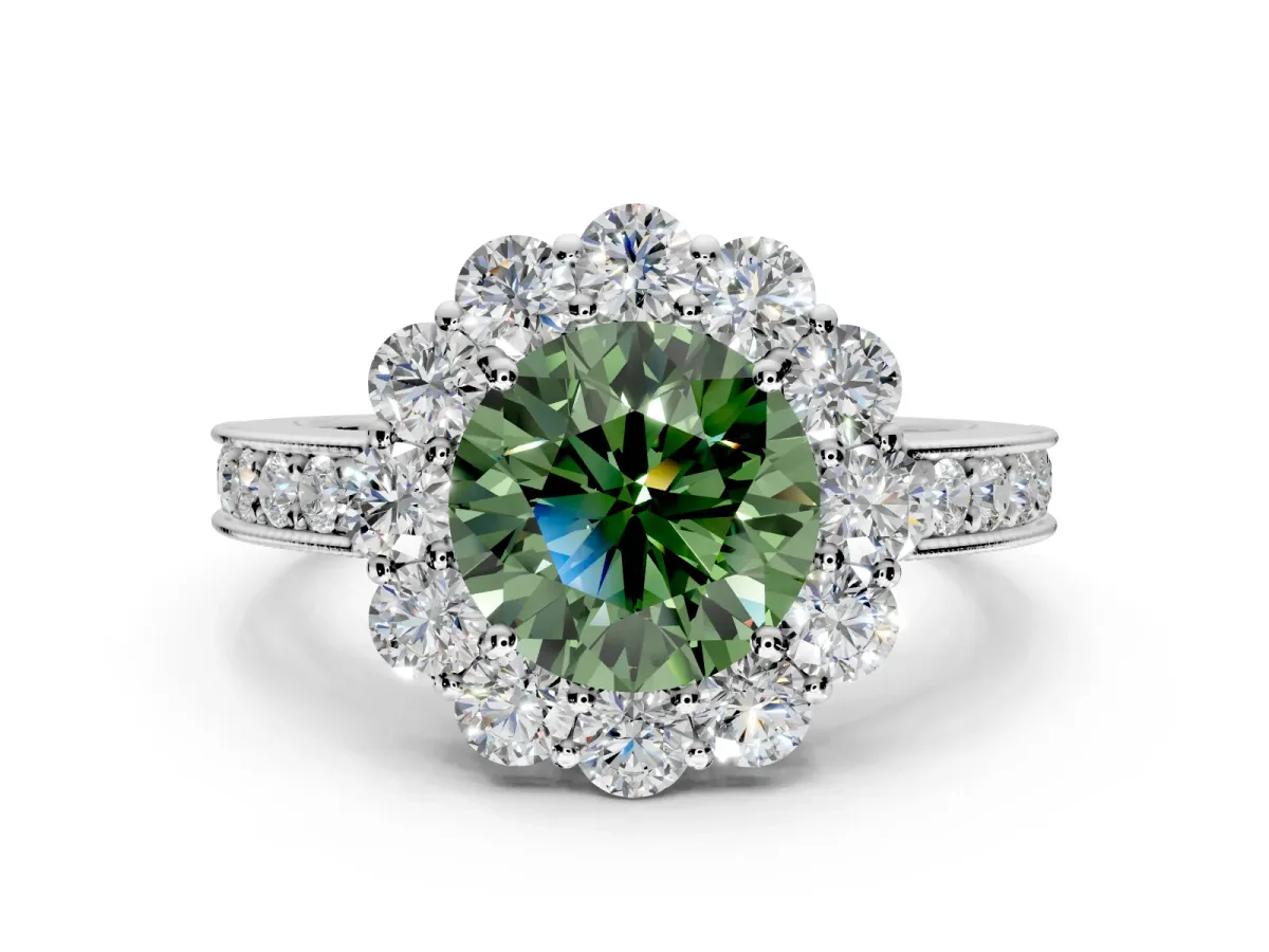 Halo Engagement Ring Setting for Fancy Green Round Cut Center with Milgrain Channel Band and Prong Head in Platinum