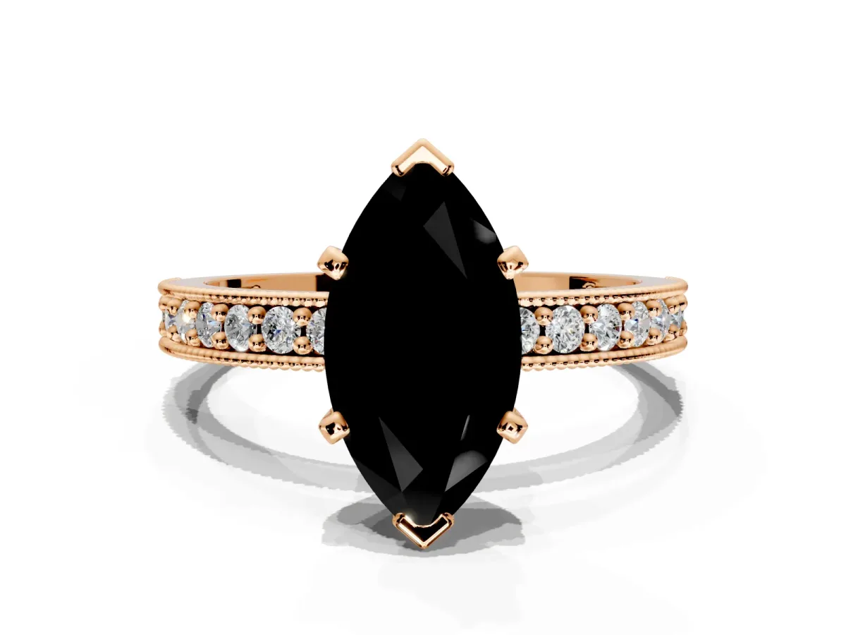 Milgrain Pave Engagement Ring Setting for Fancy Black Marquise Center with Accent Band and Prong Head in Rose Gold