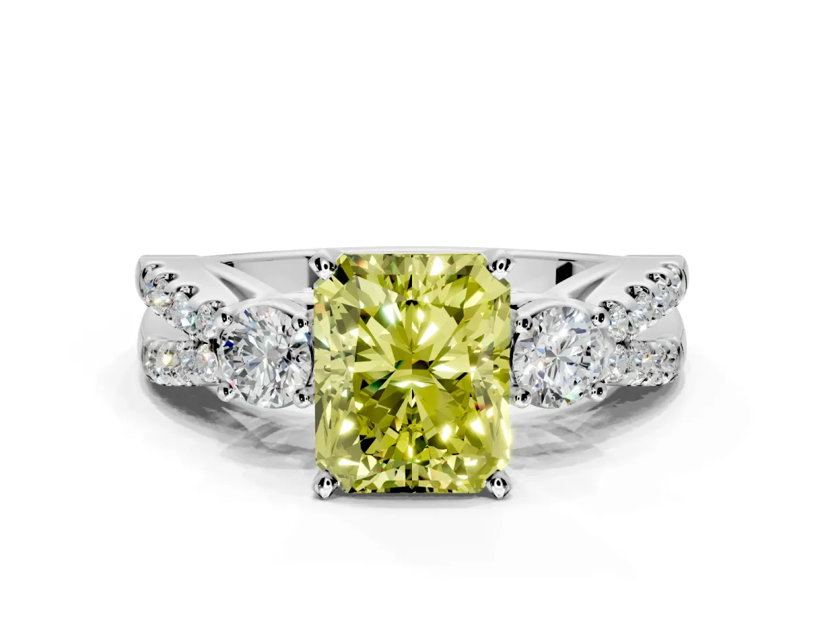 3 Stone Engagement Ring Setting for Fancy Yellow Radiant Cut Center with Pave Split Shank and Prong Head in Sterling Silver