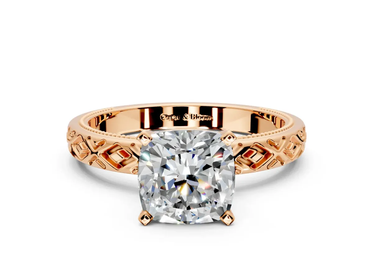 Solitaire Engagement Ring Setting for Cushion Cut Center with Milgrain X Pattern Band and Prong Head in Rose Gold