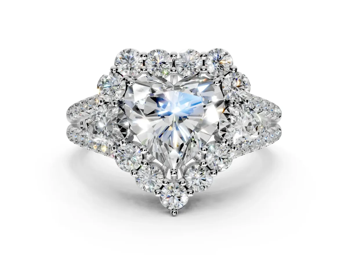 Halo Engagement Ring Setting for Heart-Shaped Center with Two-Strand Split Shank and Prong Head in Sterling Silver