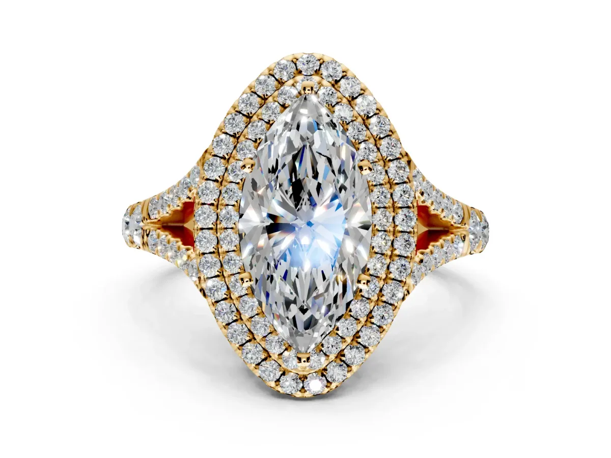 Double Halo Engagement Ring Setting for Marquise Center with Narrow Pave Split Shank and Prong Head in Yellow Gold