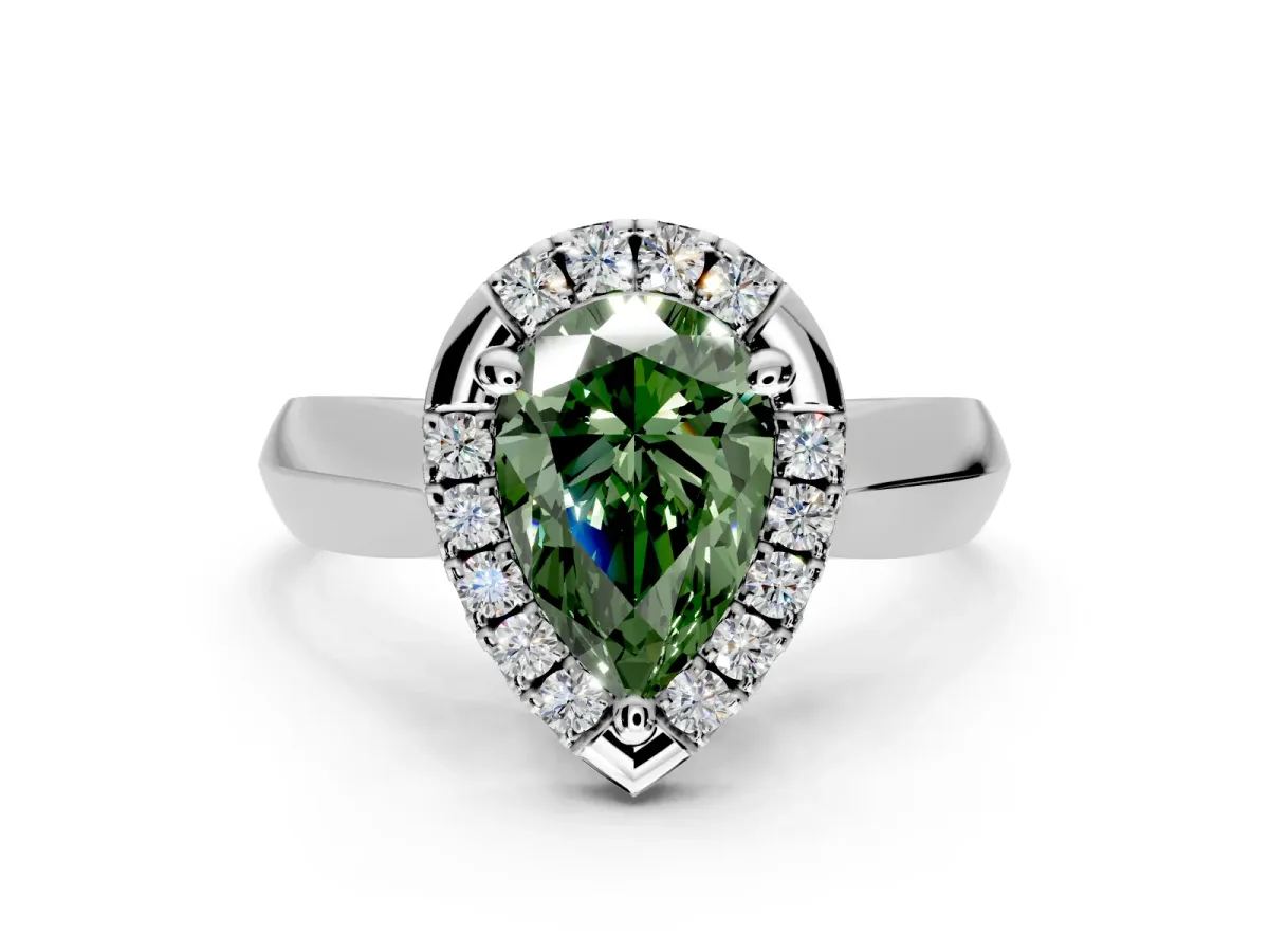 Halo Engagement Ring Setting for Fancy Green Pear-Shaped Center with Square Band and Prong Head in Sterling Silver