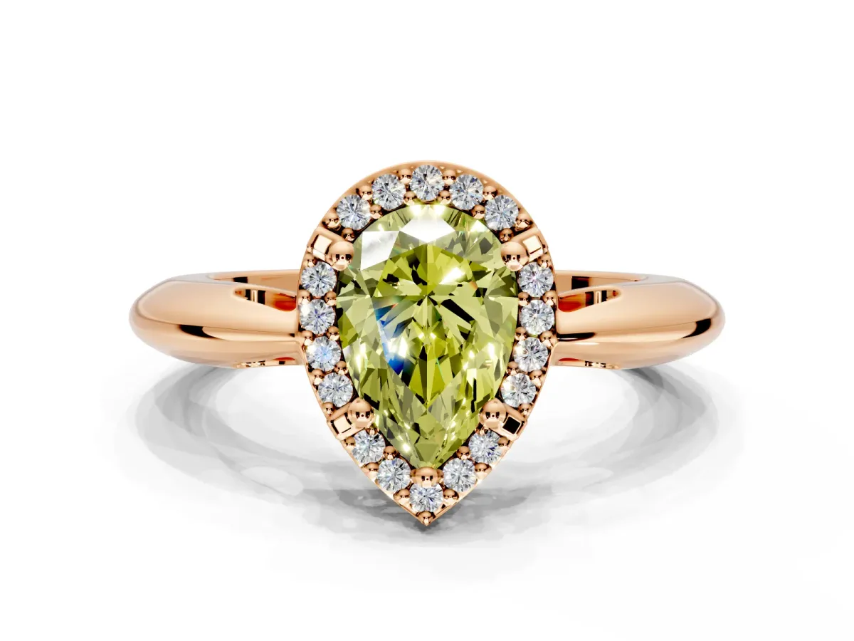 Halo Engagement Ring Setting for Fancy Yellow Pear-Shaped Center with Tapered Plain Band and Prong Head in Rose Gold