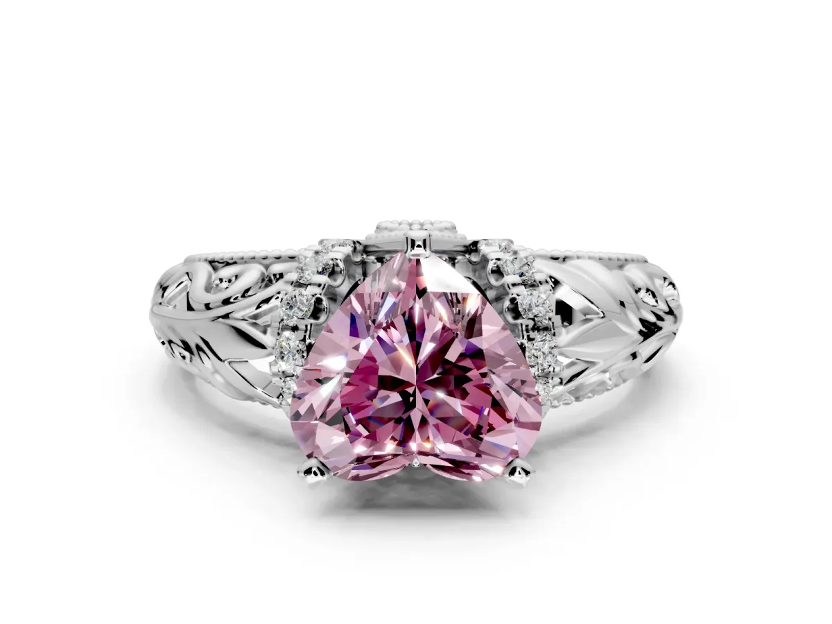 Solitaire Engagement Ring Setting for Fancy Pink Heart-Shaped Center with Filigree Accent Basket and Prong Head in Platinum