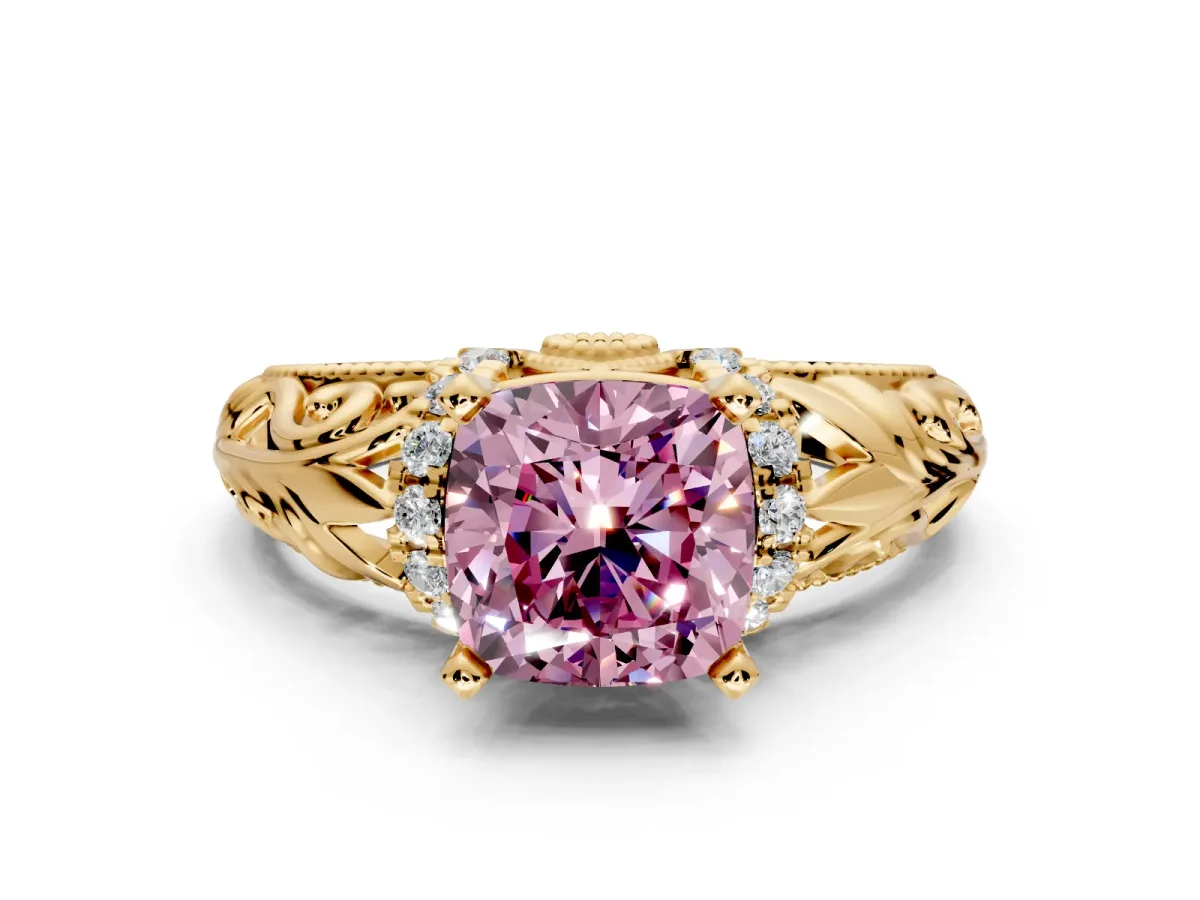 Solitaire Engagement Ring Setting for Fancy Pink Cushion Cut Center with Filigree Accent Basket and Prong Head in Yellow Gold