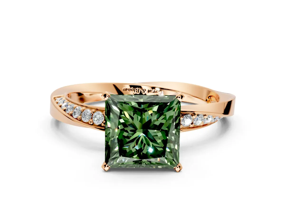 Side Accent Engagement Ring Setting for Fancy Green Princess Cut Center with Accent Shoulders and Prong Head in Rose Gold