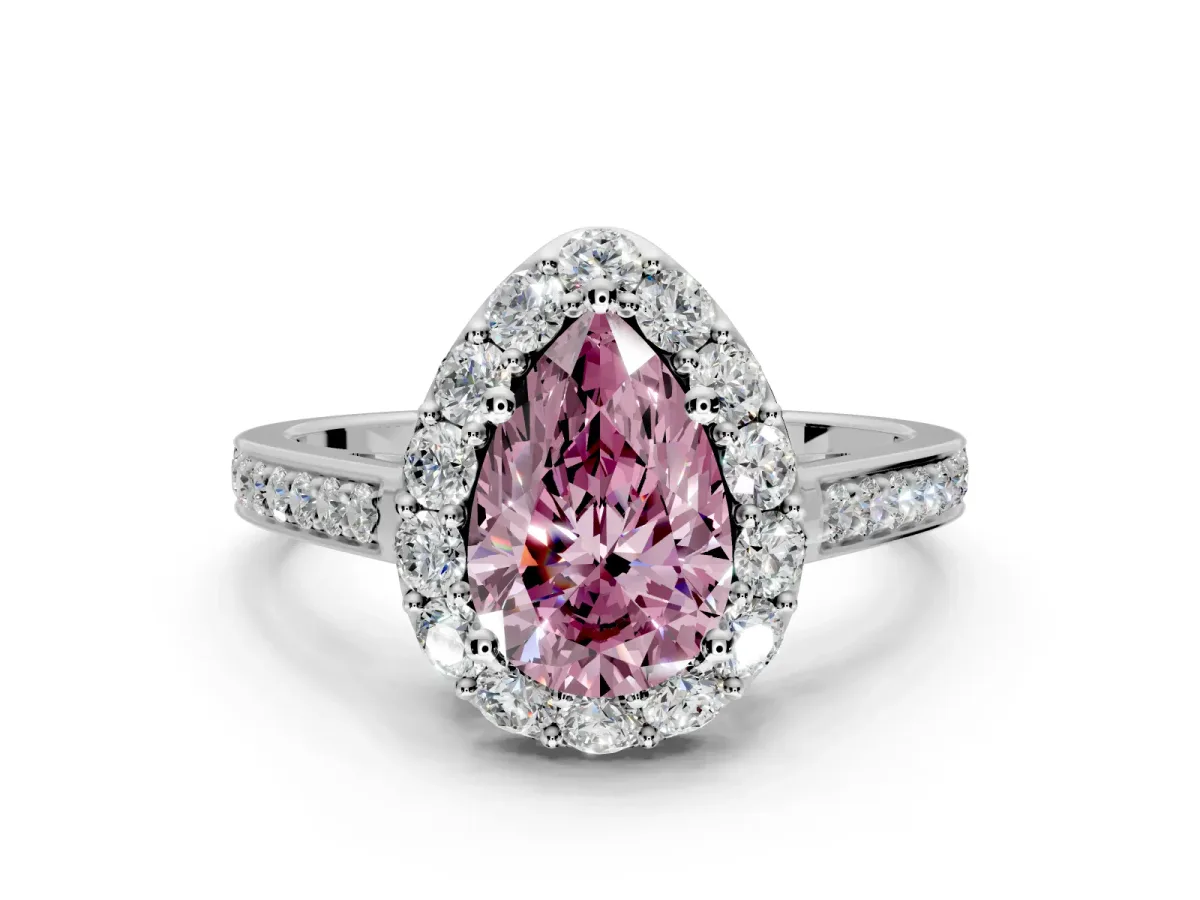 Floral Halo Engagement Ring Setting for Fancy Pink Pear-Shaped Center with Large Halo Accents and Prong Head in Platinum