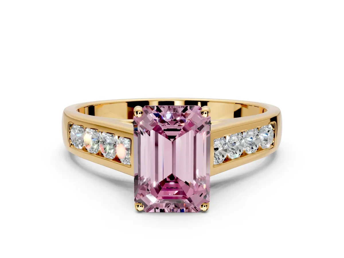 Solitaire Engagement Ring Setting for Fancy Pink Emerald Cut Center with Cathedral Channel Band and Prong Head in Yellow Gold