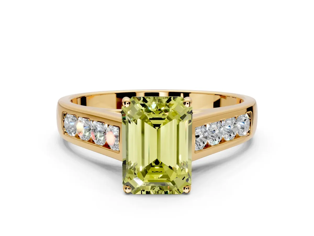 Solitaire Engagement Ring Setting for Fancy Yellow Emerald Cut Center with Cathedral Channel Band and Prong Head in Yellow Gold