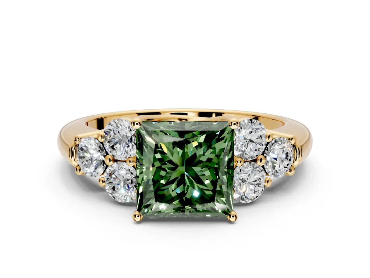 Cluster Engagement Ring Setting for Fancy Green Princess Cut Center with Round Cut Accent Frame and Prong Head in Yellow Gold