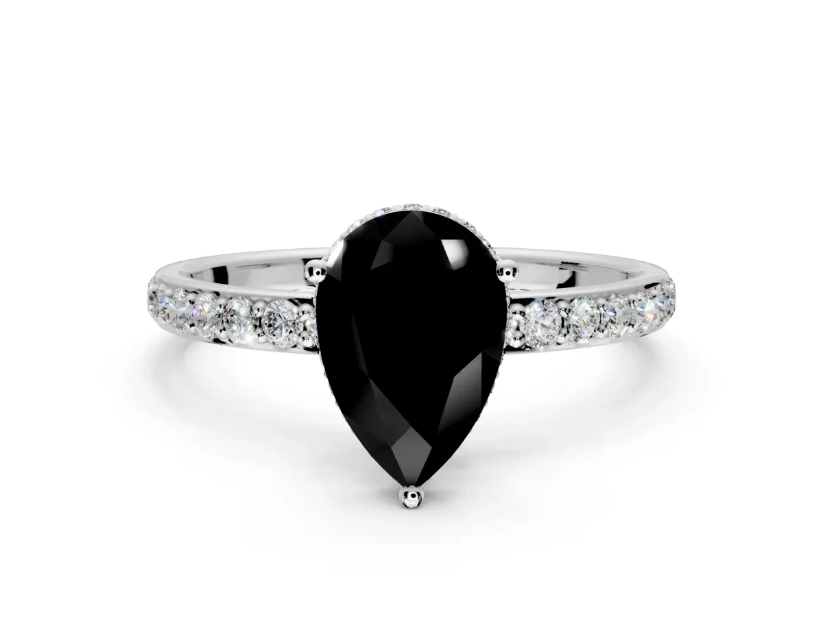 Hidden Halo Engagement Ring Setting for Fancy Black Pear-Shaped Center with Pave Band and Prong Head in Platinum