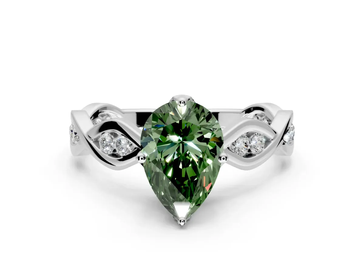 Solitaire Engagement Ring Setting for Fancy Green Pear-Shaped Center with Accented Twist Band and Leaf Prong Head in Platinum