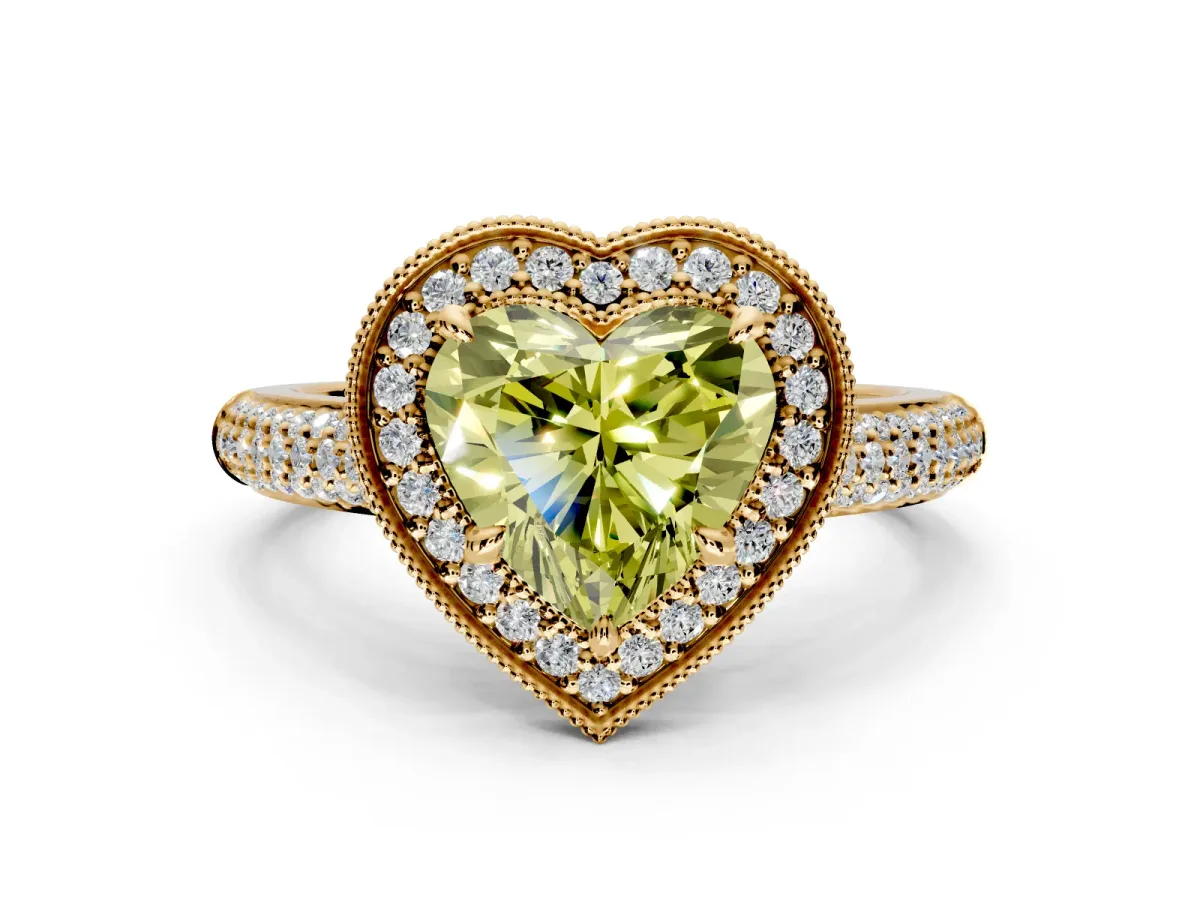 Milgrain Halo Engagement Ring Setting for Fancy Yellow Heart-Shaped Center with Three-Sided Pave Band and Prong Head in Yellow Gold