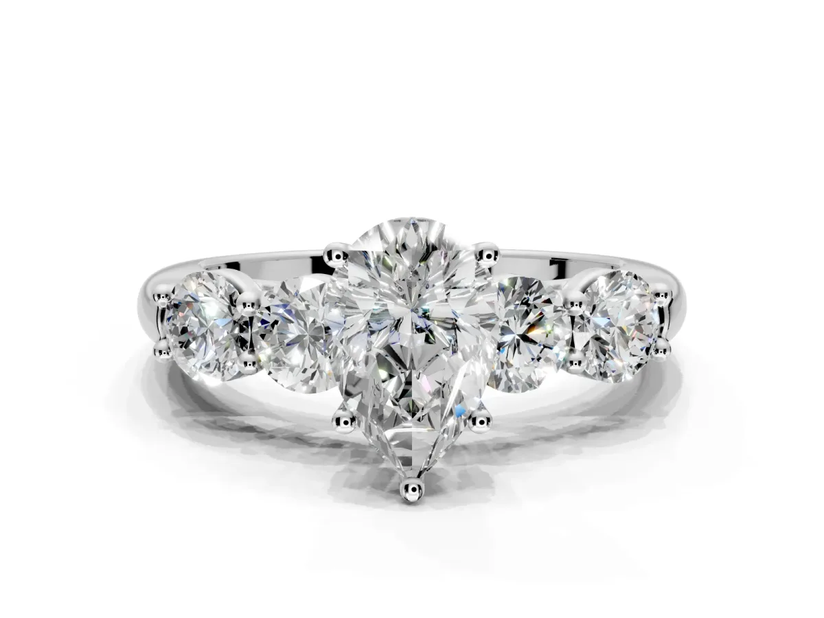 5 Stone Engagement Ring Setting for Pear-Shaped Center with Graduated Accents and Prong Head in Sterling Silver