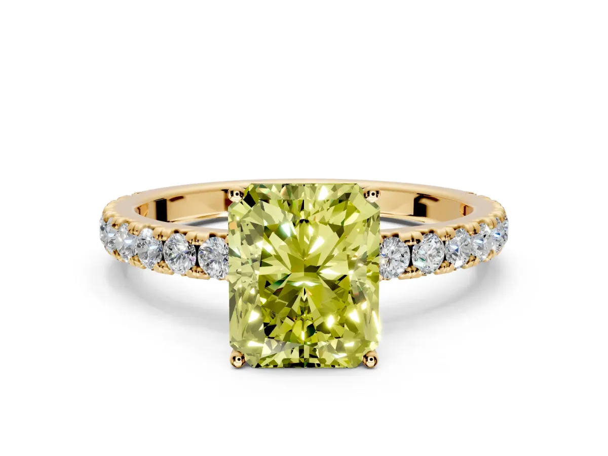 Solitaire Engagement Ring Setting for Fancy Yellow Radiant Cut Center with Large Accent Band and Prong Head in Yellow Gold