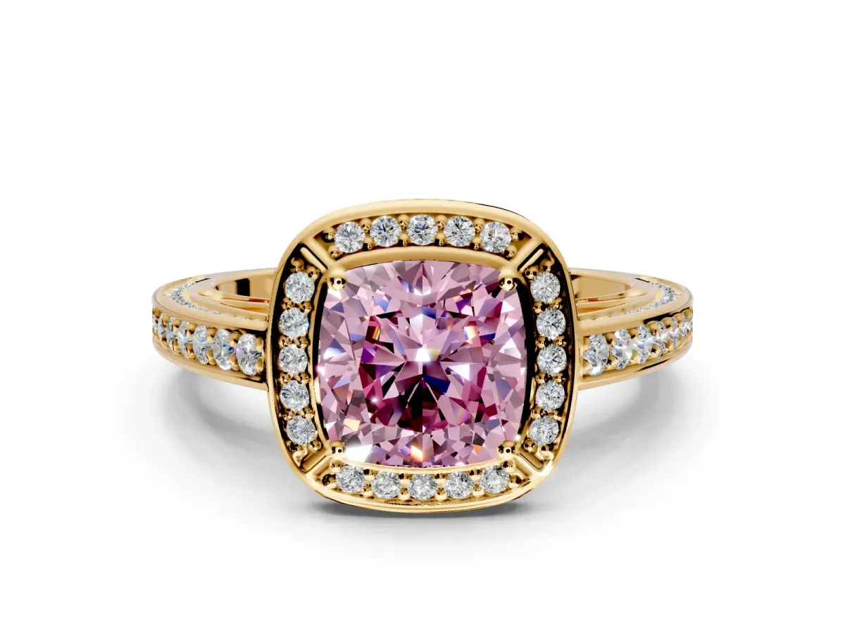 Halo Engagement Ring Setting for Fancy Pink Cushion Cut Center with Framed Halo, Pave Band and Prong Head in Yellow Gold