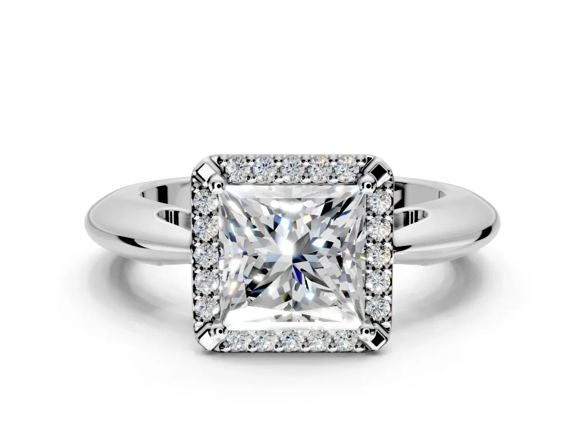 Halo Engagement Ring Setting for Princess Cut Center with Tapered Plain Band and Prong Head in Sterling Silver