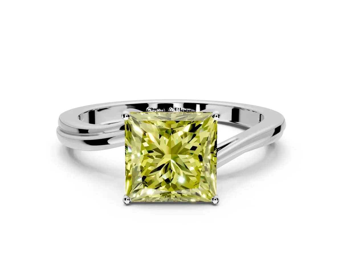 Solitaire Engagement Ring Setting for Fancy Yellow Princess Cut Center with Plain Bypass Twist Band and Prong Head in Platinum