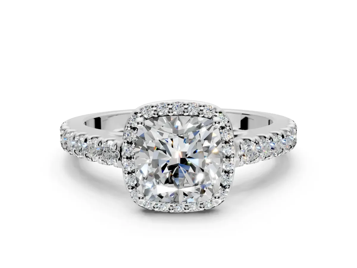 Halo Engagement Ring Setting for Cushion Cut Center with Full Pave Band and Prong Head in White Gold