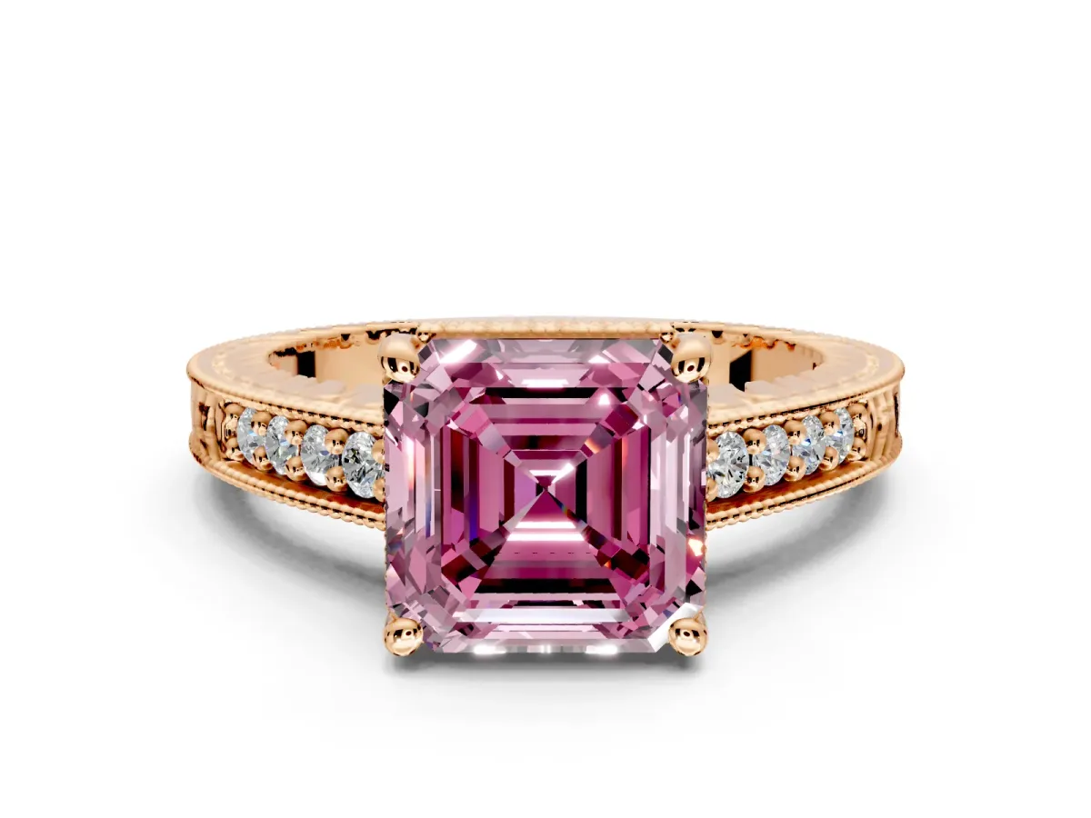 Engraved Engagement Ring Setting for Fancy Pink Asscher Cut Center with Milgrain Pave Band and Prong Head in Rose Gold