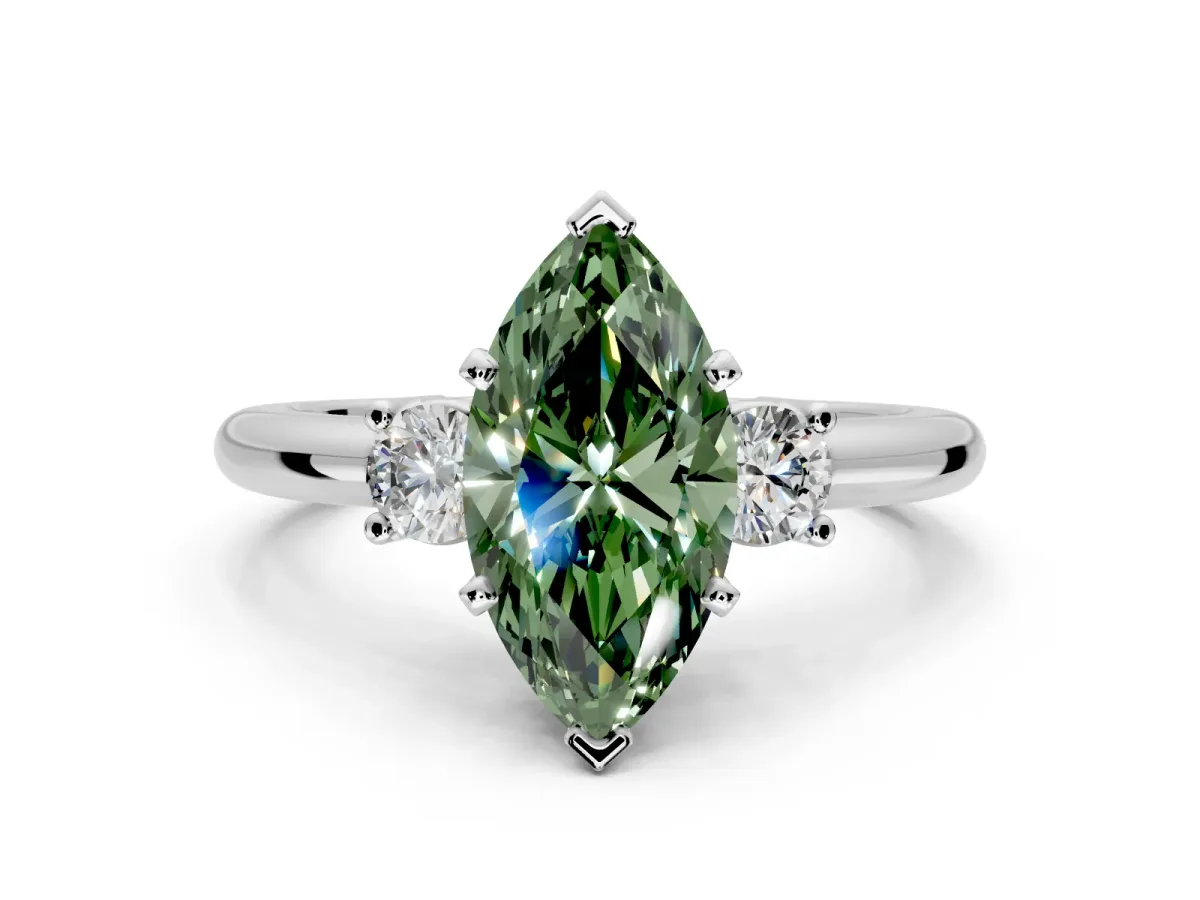 3 Stone Engagement Ring Setting for Fancy Green Marquise Center with Wide Plain Band and Prong Head in Sterling Silver