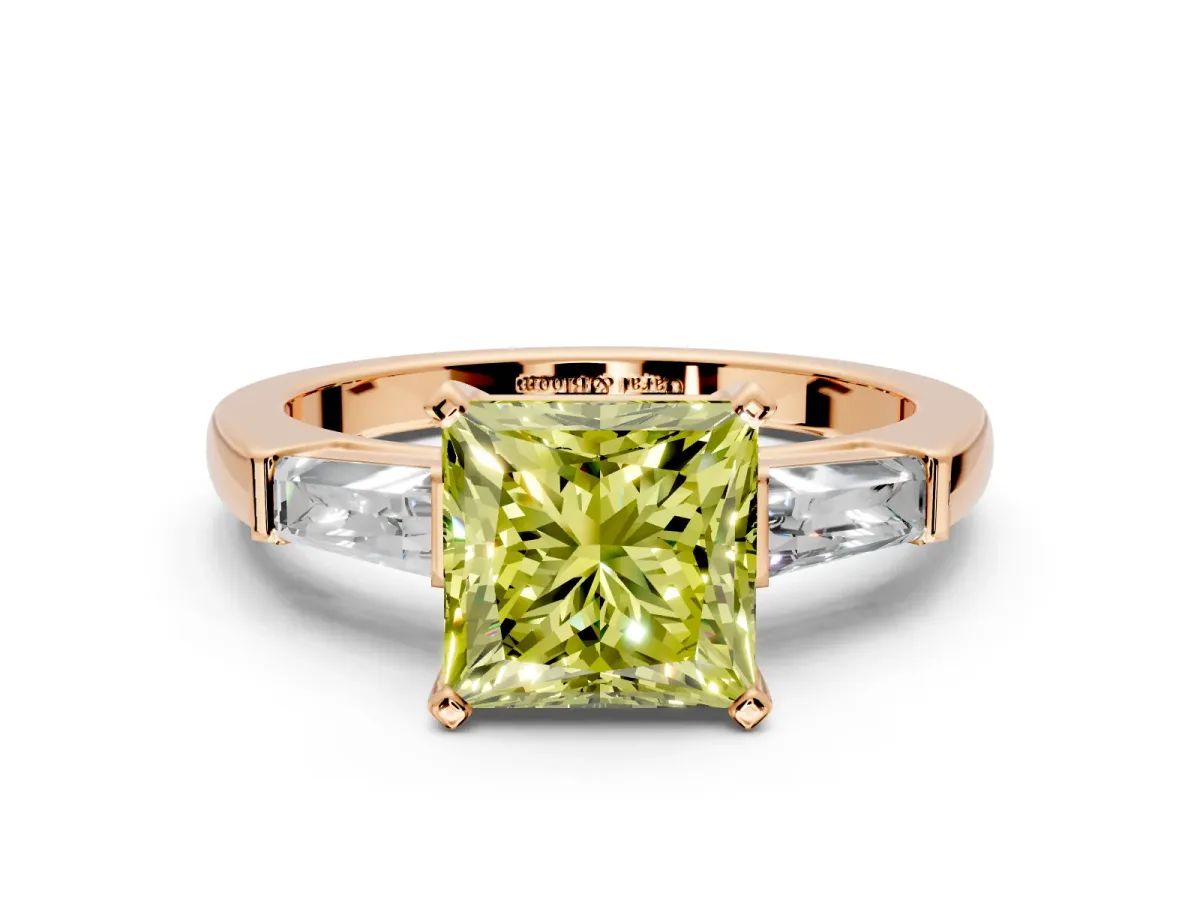 3 Stone Engagement Ring Setting for Fancy Yellow Princess Cut Center with Tapered Baguettes, Plain Band and Prong Head in Rose Gold