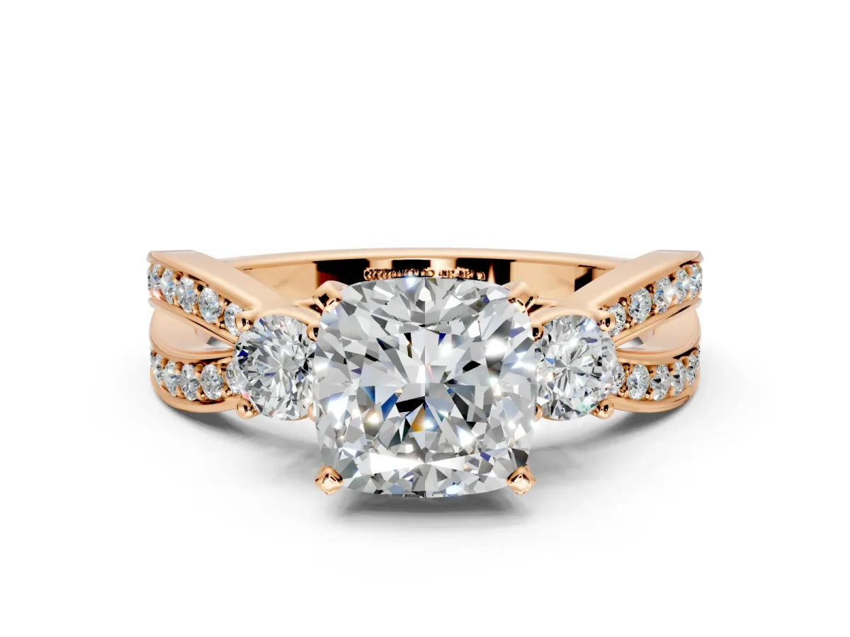3 Stone Engagement Ring Setting for Cushion Cut Center with Pave Twist Band and Prong Head in Rose Gold