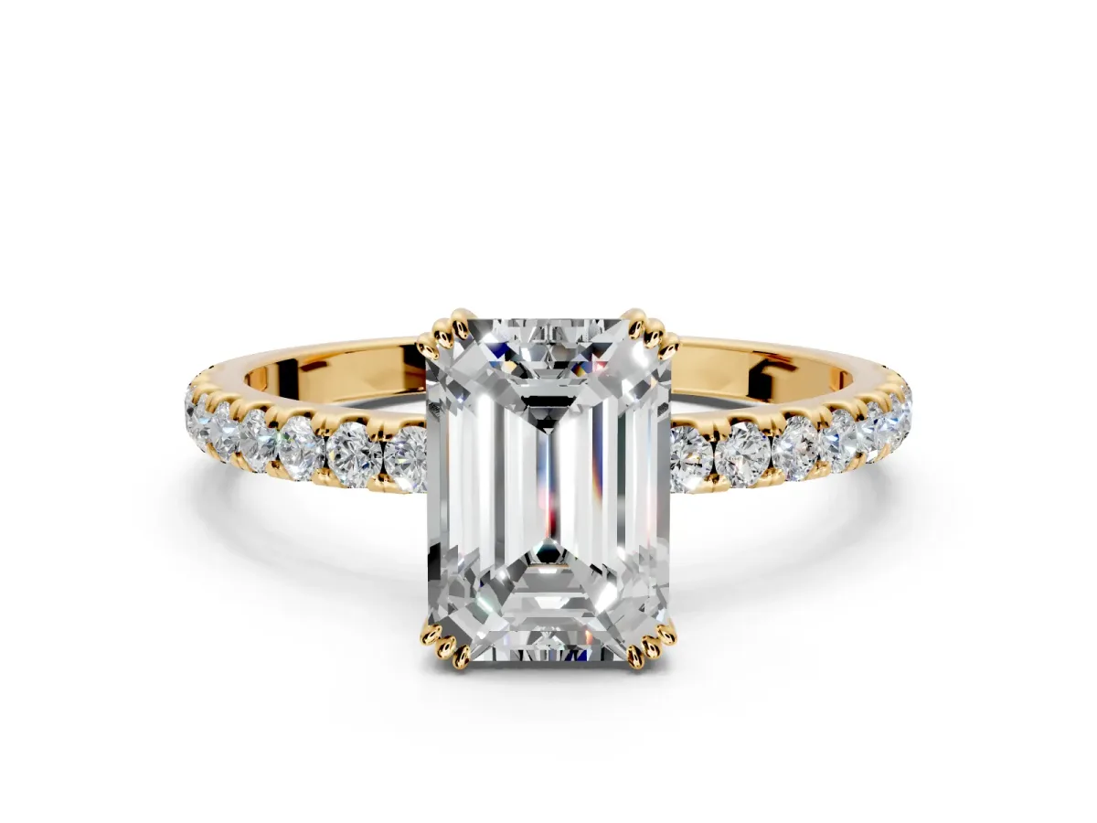 Solitaire Engagement Ring Setting for Emerald Cut Center with Pave Band and Claw Prong Head in Yellow Gold
