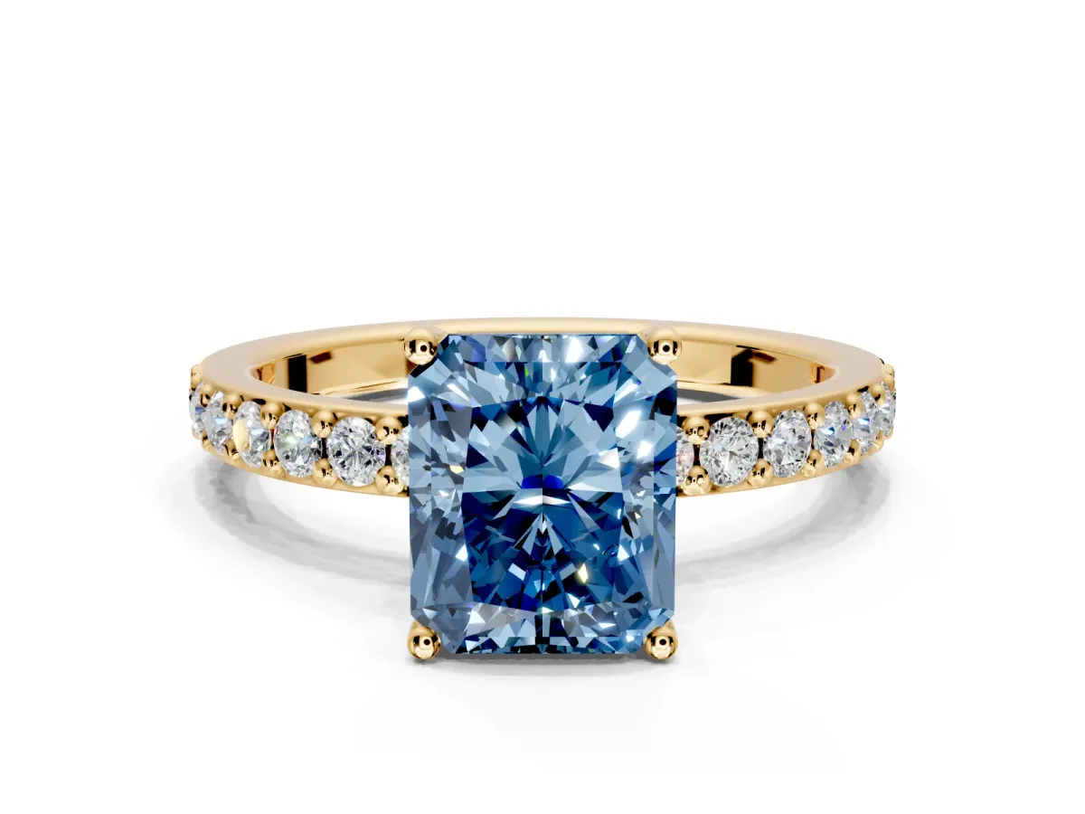 Solitaire Engagement Ring Setting for Fancy Blue Radiant Cut Center with Round Cut Pave Band and Prong Head in Yellow Gold