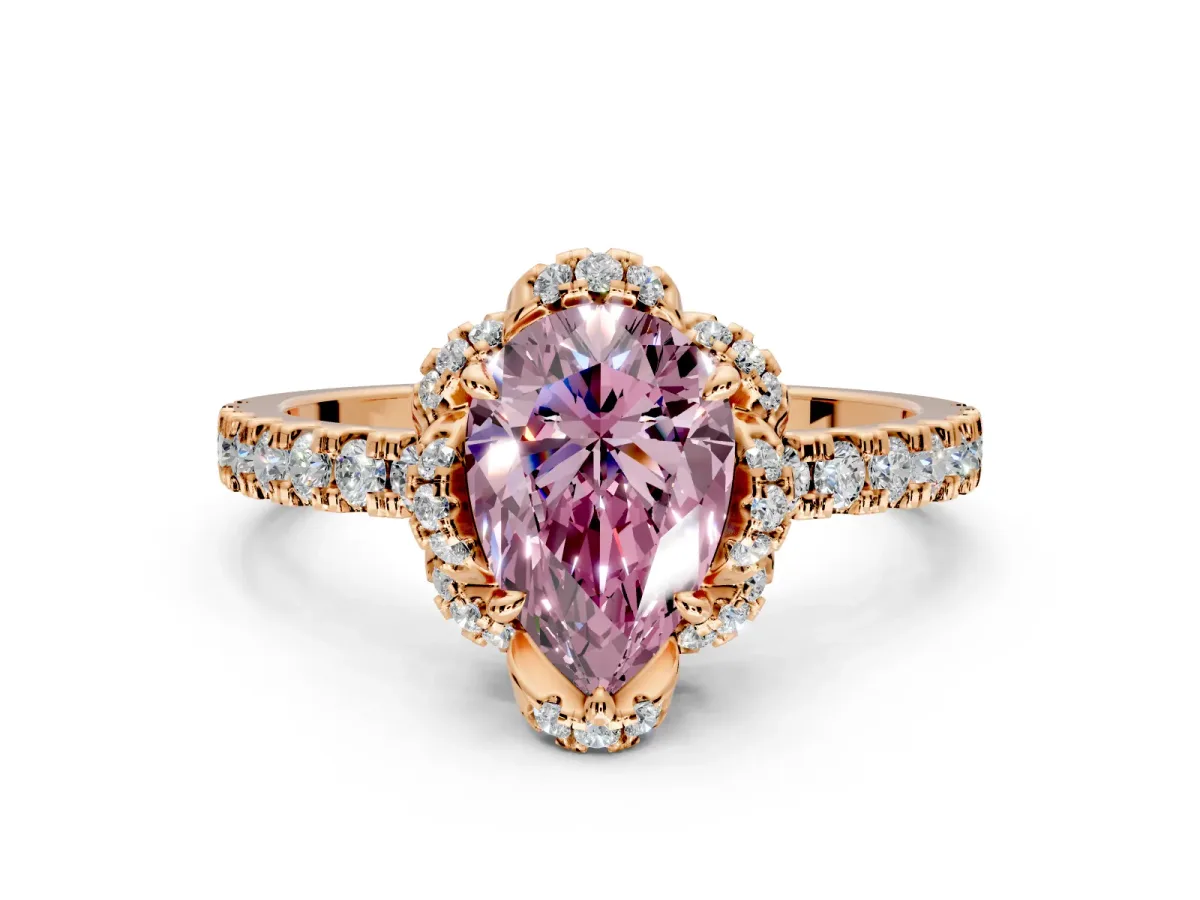 Halo Engagement Ring Setting for Fancy Pink Pear-Shaped Center with Openwork Halo, Pave Band and Prong Head in Rose Gold
