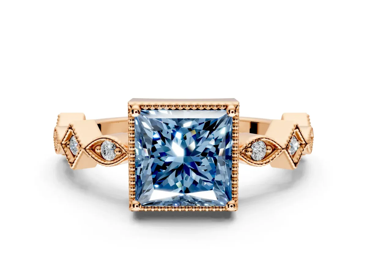 Milgrain Bezel Engagement Ring Setting for Fancy Blue Princess Cut Center with Marquise Stations and Bezel Head in Rose Gold