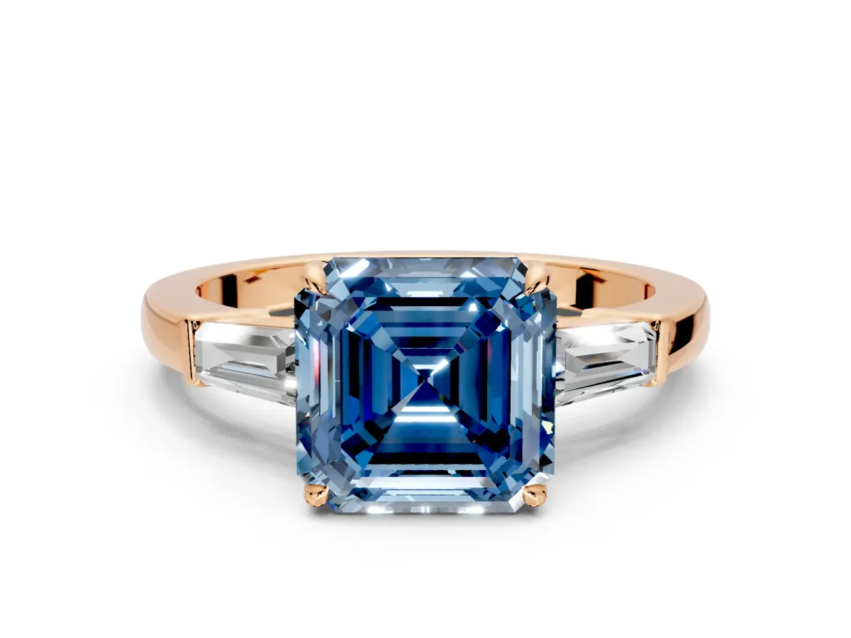 3 Stone Engagement Ring Setting for Fancy Blue Asscher Cut Center with Baguette Accents and Prong Head in Rose Gold