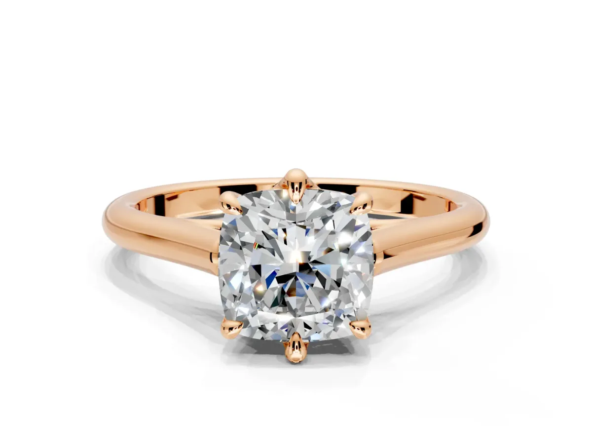 Solitaire Engagement Ring Setting for Cushion Cut Center with Cathedral Band and Prong Head in Rose Gold