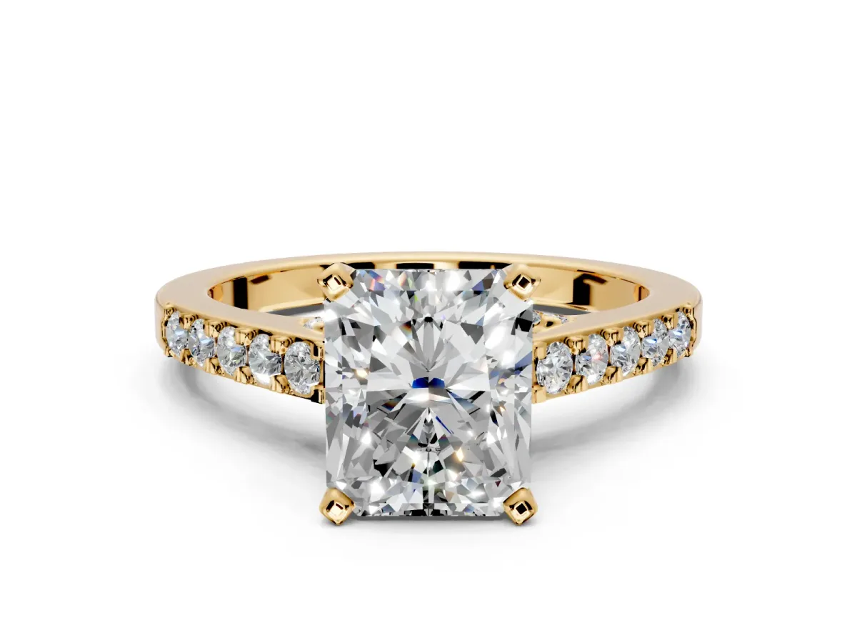 Solitaire Engagement Ring Setting for Radiant Cut Center with Crossover Accents and Prong Head in Yellow Gold