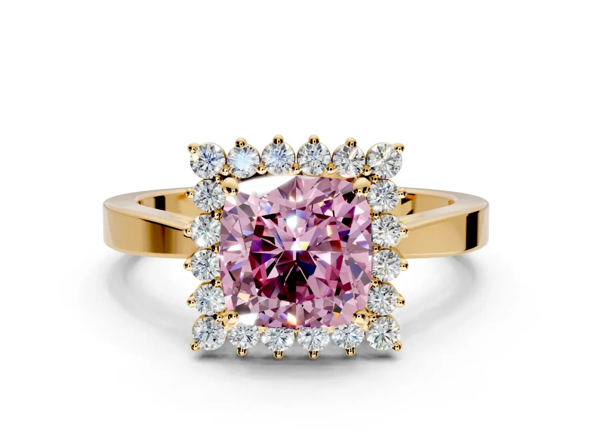 Starburst Halo Engagement Ring Setting for Fancy Pink Cushion Cut Center with Flat Cathedral Band and Prong Head in Yellow Gold