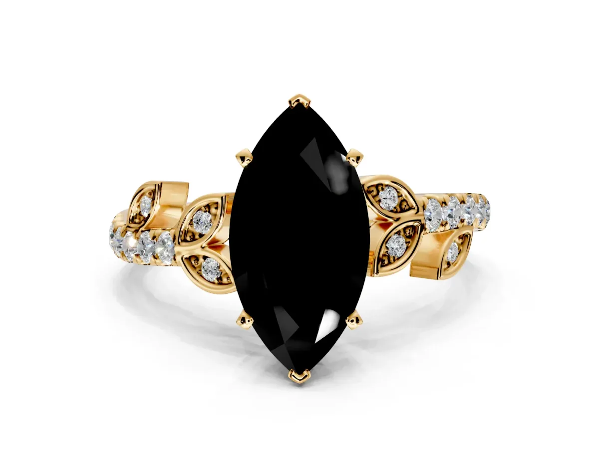 Leaf Motif Engagement Ring Setting for Fancy Black Marquise Center with Pave Band and Prong Head in Yellow Gold