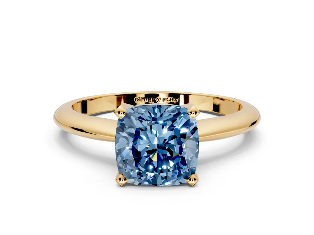 Solitaire Engagement Ring Setting for Fancy Blue Cushion Cut Center with Knife Ridge Band and Claw Prong Head in Yellow Gold