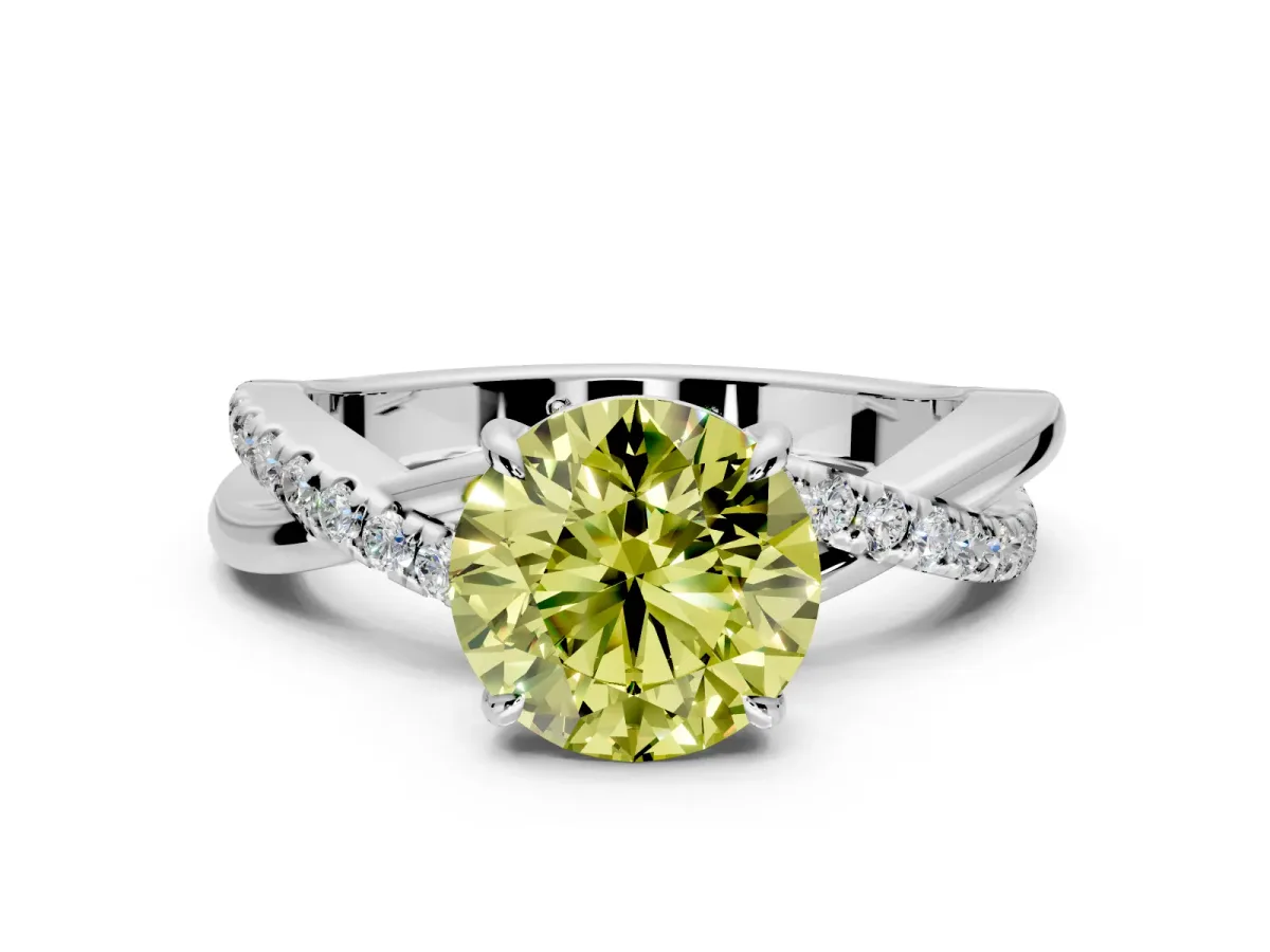 Crossover Engagement Ring Setting for Fancy Yellow Round Cut Center with Pave and Plain Strands and Prong Head in Sterling Silver