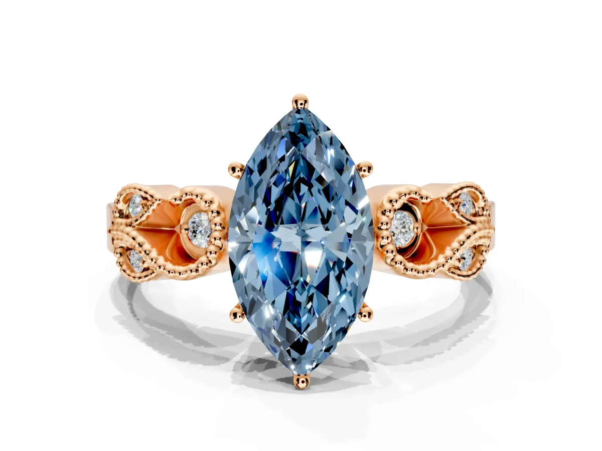 Leaf Engagement Ring Setting for Fancy Blue Marquise Center with Milgrain Accent Band and Prong Head in Rose Gold