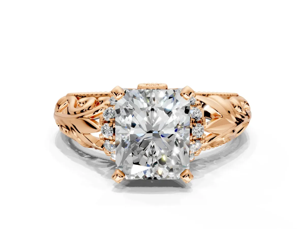 Solitaire Engagement Ring Setting for Radiant Cut Center with Filigree Accent Basket and Prong Head in Rose Gold