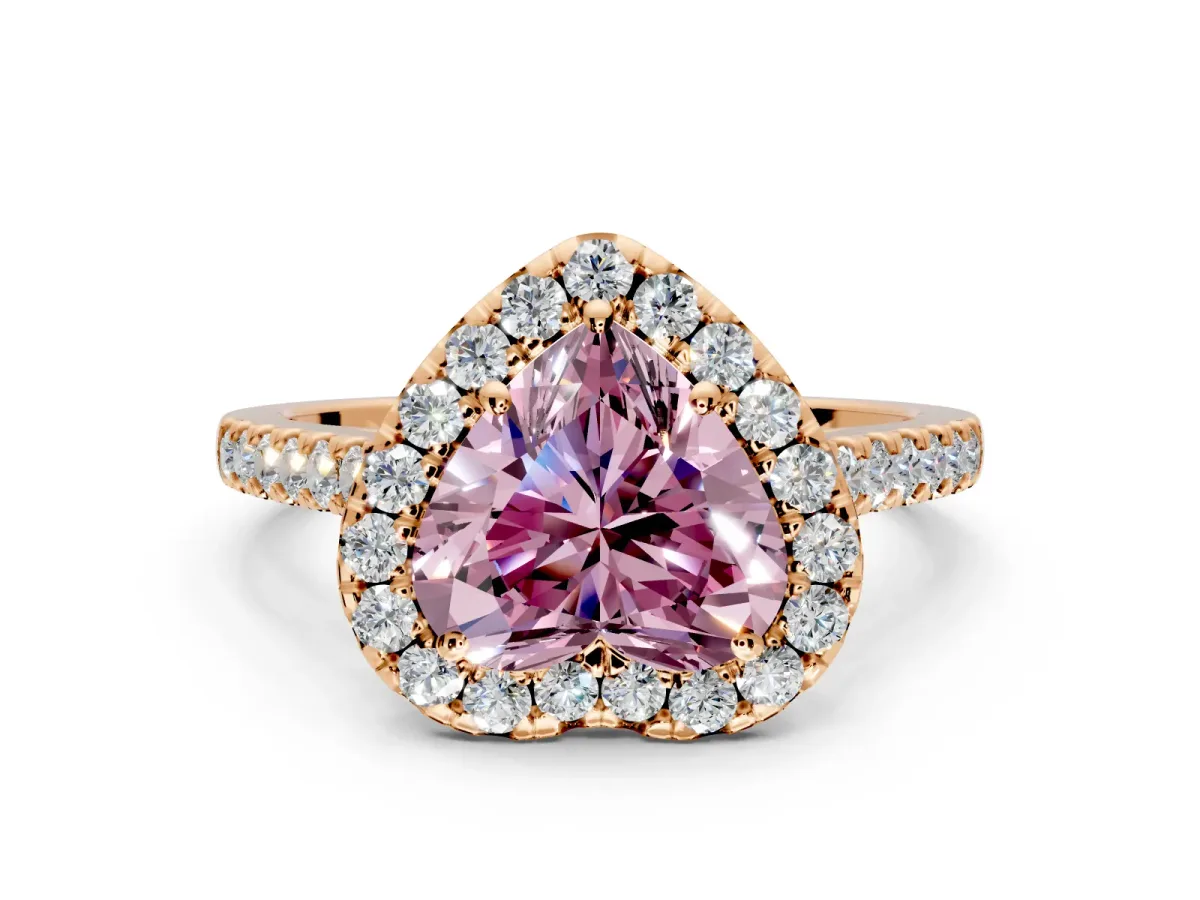 Halo Engagement Ring Setting for Fancy Pink Heart-Shaped Center with Narrowing Pave Band and Prong Head in Rose Gold