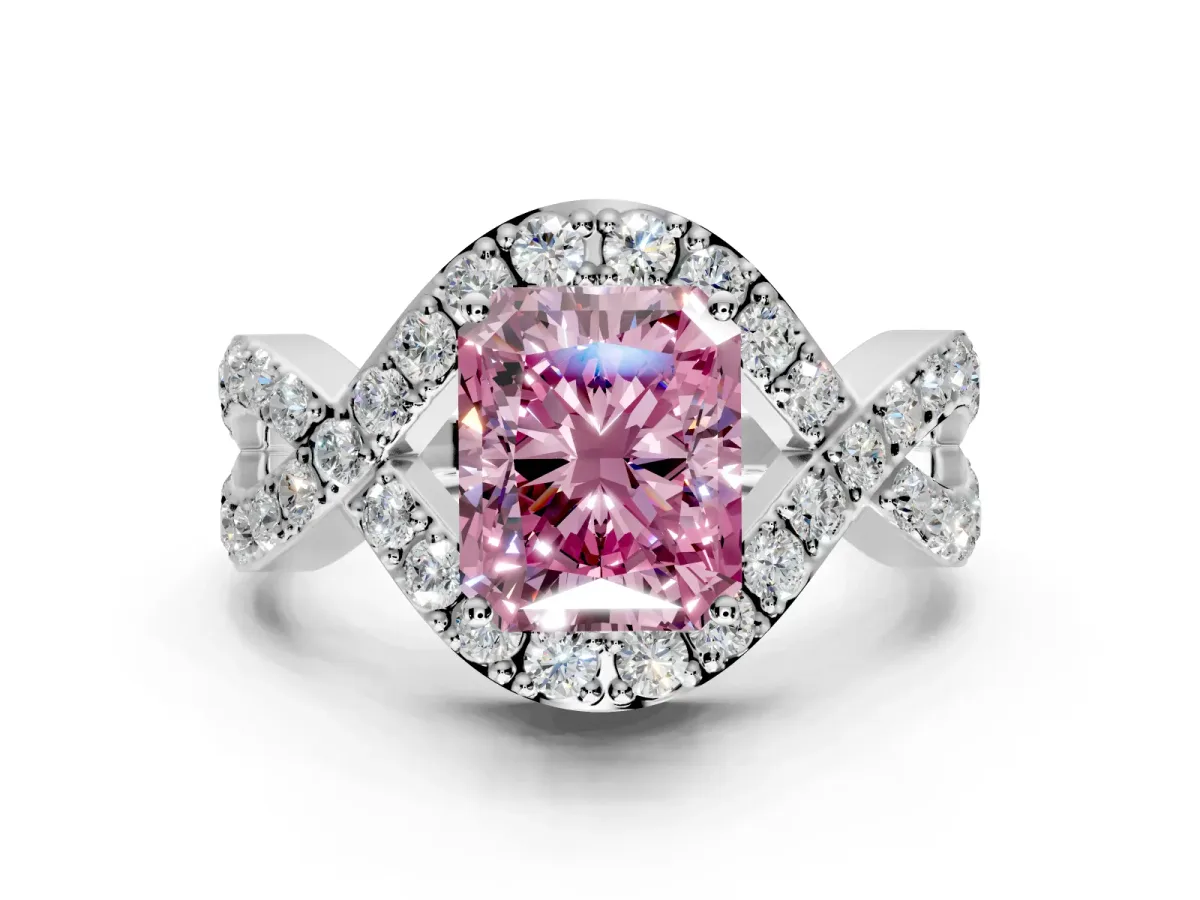 Halo Engagement Ring Setting for Fancy Pink Radiant Cut Center with Pave Infinity Twist Band and Prong Head in Platinum