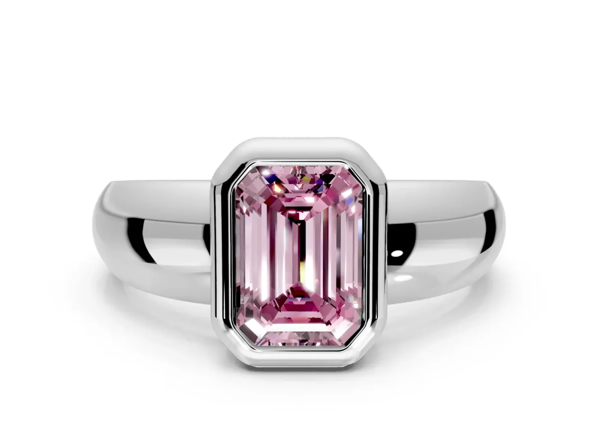 Solitaire Engagement Ring Setting for Fancy Pink Emerald Cut Center with Wide Band and Bezel Head in White Gold